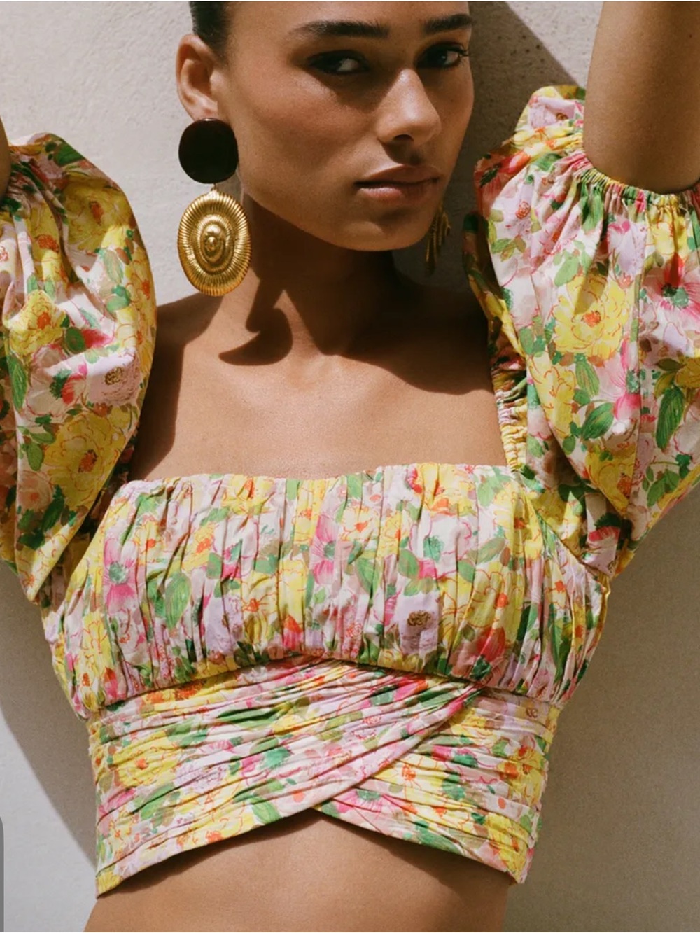 Zara Floral Puff Sleeve Ruched Tie Back Crop Top Square Neck NWT Size S